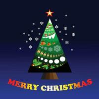 gratis vector alegre Navidad árbol decorado por nieve, Papa Noel sombrero, Navidad hojas y Navidad campanas invierno fiesta composición. saludo tarjeta, bandera y póster.