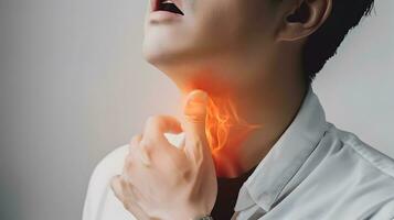 AI generated Flame at neck of a man. Concept of sore throat, pharyngitis, laryngitis, thyroiditis, choking photo