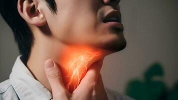 AI generated Flame at neck of a man. Concept of sore throat, pharyngitis, laryngitis, thyroiditis, choking photo