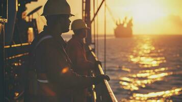 AI generated Caucasian industrial workers in the oil tube station at sea during sunset photo