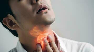 AI generated Flame at neck of a man. Concept of sore throat, pharyngitis, laryngitis, thyroiditis, choking photo