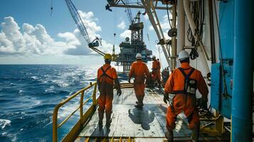 ai generado industrial trabajadores en el petróleo tubo estación a mar foto