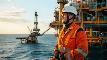 ai generado caucásico industrial trabajador en el petróleo tubo estación a mar foto