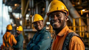 AI generated African industrial workers in the oil tube station at sea photo