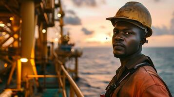 ai generado africano industrial trabajador en el petróleo tubo estación a mar foto