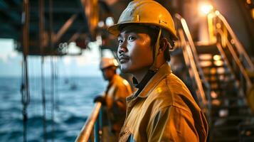 ai generado asiático industrial trabajadores en el petróleo tubo estación a mar foto