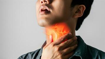 AI generated Flame at neck of a man. Concept of sore throat, pharyngitis, laryngitis, thyroiditis, choking photo