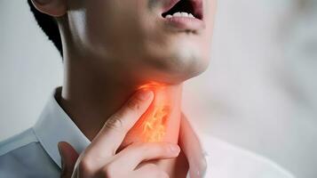 AI generated Flame at neck of a man. Concept of sore throat, pharyngitis, laryngitis, thyroiditis, choking photo