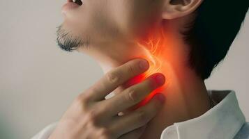 AI generated Flame at neck of a man. Concept of sore throat, pharyngitis, laryngitis, thyroiditis, choking photo