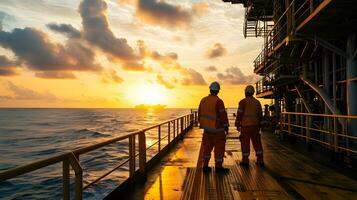 AI generated Industrial workers in the oil tube station at sea photo
