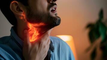 AI generated Flame at neck of a man. Concept of sore throat, pharyngitis, laryngitis, thyroiditis, choking photo