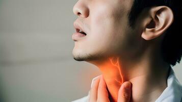 AI generated Flame at neck of a man. Concept of sore throat, pharyngitis, laryngitis, thyroiditis, choking photo