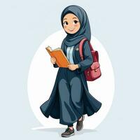 ai generado ilustración de un pequeño indonesio estudiante vistiendo un lleno cuerpo hiyab, entusiasta acerca de aprendiendo, participación un libro foto