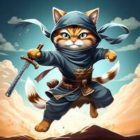AI generated illustration of a ninja cat holding a sword with a headband photo