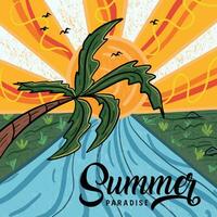 Vintage Summer Paradise Feeling Beach Vibes. Good Vibes Summer vector Palm tree, sunset, sunrise, surfboard, vector graphic print design. Summer paradise Vibes Great Waves.