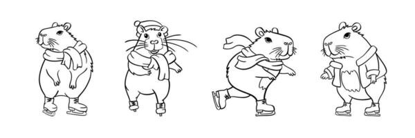 Cute capybara ice skating set. Vector illustration hand drawn. For coloring books, postcards, templates.