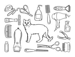 Pet grooming set. Salon for animals. Doodle style animal and character hand drawn. Vector illustration.