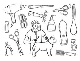 Pet grooming set. Salon for animals. Doodle style animal and character hand drawn. Vector illustration.