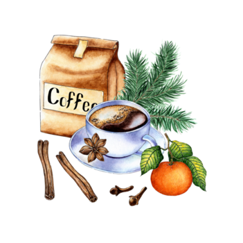 Aquarell Illustration Weiß Tasse mit Kaffee, Kunst Paket, Tanne Geäst, Mandarine, Zimt, Anis, Nelken. Neu Jahr Bild mit Kakao isoliert. Kompositionen zum Poster, Karten, Banner, Flyer, png