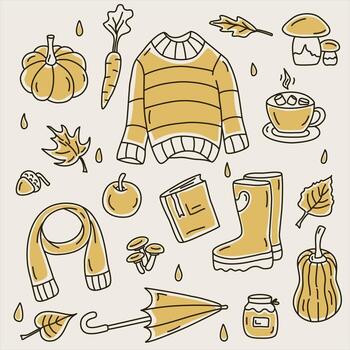 Vector set of line autumn illustrations with partial fill.