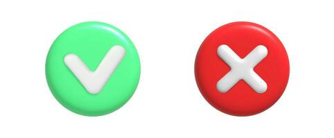 3d rendering of green check and red cross. Vector illustration of right and wrong button