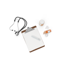 Medical prescription with doctor's prescription medicine and stethoscope, a pen isolated. A medical prescription ballpoint pen lies near the phonendoscope in the doctor's office. 3D render png