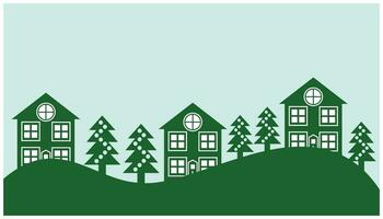 Houses on the hill with coniferous trees. Vector illustration. collection of houses in the mountains surrounded by pine trees. Home design elements, property, housing,