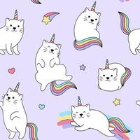 Cat unicorns seamless pattern, background. Fantasy cute rainbow illustrations vector