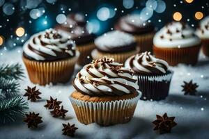 AI generated christmas cupcakes on a snowy background photo