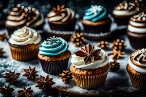 AI generated cupcakes with frosting and decorations on a table photo