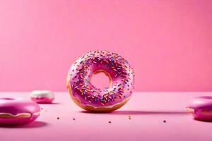 AI generated donuts on a pink background with sprinkles photo