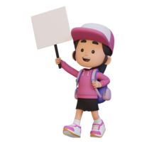 3D girl character holding a blank placard png