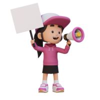 3D girl character holding a blank placard png