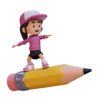 3D girl character standing riding a pencil png