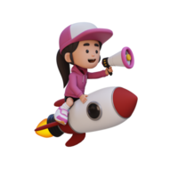 3D girl character riding a rocket and holding megaphone png