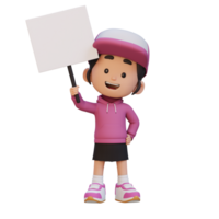 3D girl character holding a blank placard png