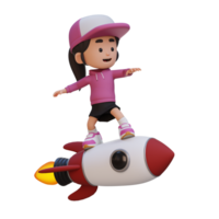 3d niña personaje en pie montando un cohete png