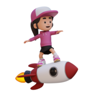 3D girl character standing riding a rocket png