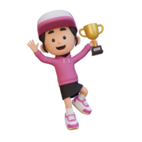 3D girl character celebrating win holding a trophy png