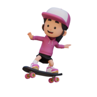 3D girl character ride skateboard png