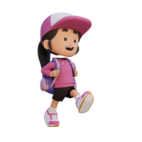 3D happy girl character walking go to school holding bag png