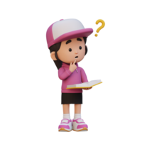 3d menina personagem pegue confuso quando lendo uma livro png