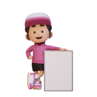 3D girl character holding a blank placard png