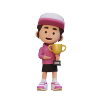 3D girl character celebrating win holding a trophy png