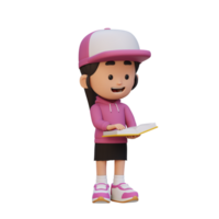 3d feliz menina personagem lendo livro png