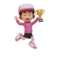 3D girl character celebrating win holding a trophy png