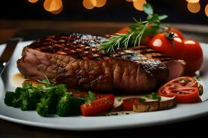 ai generado un filete con vegetales y Tomates en un plato foto