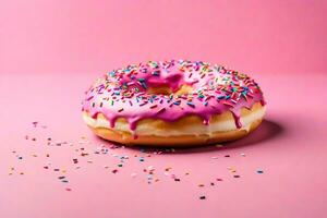 AI generated a donut with pink icing and sprinkles on a pink background photo