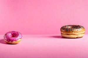 ai generado dos rosquillas en un rosado antecedentes foto