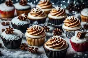 ai generado Navidad magdalenas en un mesa con nieve foto